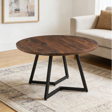 Table à manger ronde 110 cm en MDF effet noyer avec pieds en métal, H 75 cm (1/5)