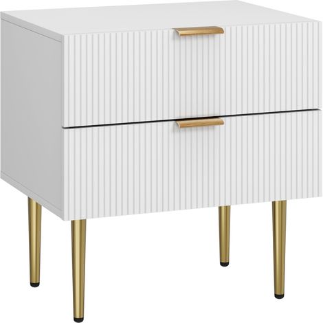 Comodino bianco con rilievo ondulato, 2 cassetti e gambe metalliche, HOMVRA (1/5)