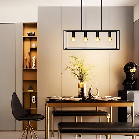 Suspension lumineuse rectangulaire en métal noir 4 lampes, douille E27, style moderne pour salle à manger (sans ampoule) (1/3)