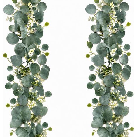 Lot de 2 guirlandes d'eucalyptus artificielles avec fleurs blanches et feuilles, plantes suspendues artificielles pour décoration de table de mariage en arrière-plan (1/5)