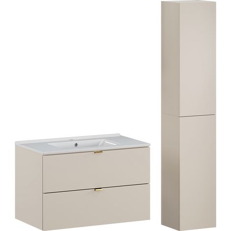 Petits-Meubles – Ensemble meuble salle de bain 80cm – Vasque encastrée en céramique – Colonne à suspendre avec 4 étagères – Finition cachemire
