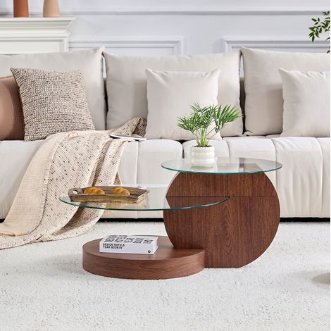 Table basse double niveau en verre trempé, MDF aspect noyer, 90 x 70 x 44 cm HAVRYA (1/5)