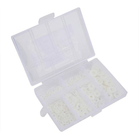 Kit assortimento di 500 rondelle piatte in nylon M2-M6 con scatola (bianco).