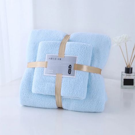 Lot de 2 serviettes de bain bleues douces et absorbantes en tissu polaire corail, 35x75cm et 70x140cm. (1/4)