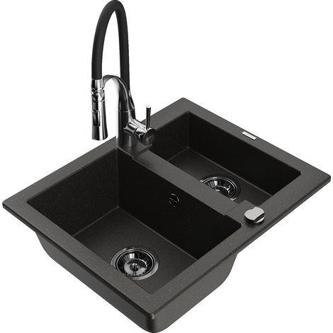 Mexen Carlos Fregadero de granito de 1,5 senos con grifo de cocina Aster, negro/dorado metálico - 6518-75-73450-07-B (1/5)