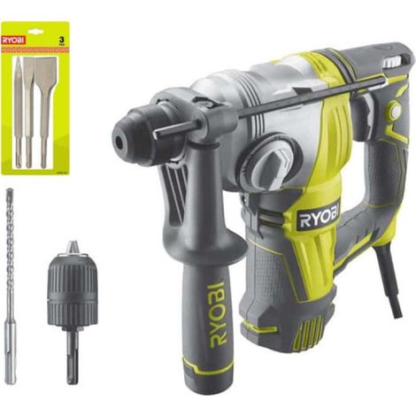 RYOBI Pack Perforateur Burineur SDSPLUS 800W - 4 modes - RSDS800-KC - Kit 3 burins SDS+ RIOBY 1 pointe - 1 plat - 1 bêche - RAKSPC03