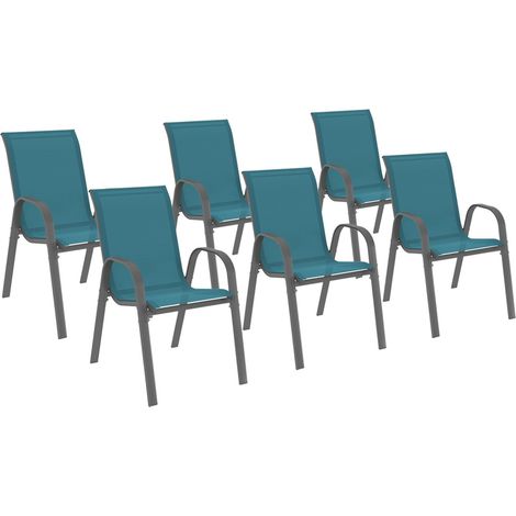 Idmarket – Lot de 6 chaises de jardin empilables en métal et textilène bleu canard – Assise souple – Structure robuste en acier – Accoudoirs confortables
