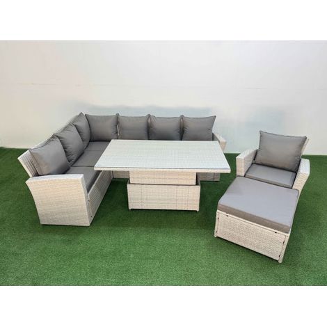 Fimous 8 Seat Rattan Outdoor Garden Furniture Corner Sofa Set Adjustable Lifting Dining or Coffee Table Set with Footstool Light Grey (1/5)