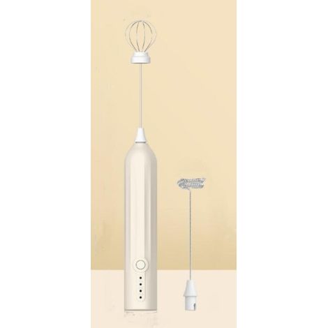 Mousseur à lait rechargeable, idéal pour préparer des boissons et battre des œufs — petit mixeur — blanc — livré avec deux têtes de mixage (1/5)