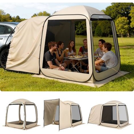 Campingzelt, 182,88x182,88 cm, Pop-Up-Zelt für SUV-Heckklappe, tragbares Partyzelt 4-6 Personen mit Tragetasche, Seitenwände aus Netz, für Camping, Garten und Outdoor-Aktivitäten, Beige (1/5)