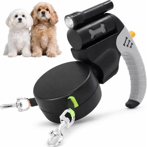 Laisse double 3 m pour 2 chiens, laisse extensible pour chien avec lumière LED, extension de laisse à 360° sans enchevêtrement et bouton de frein rapide, convient aux chiens de taille moyenne (1/5)