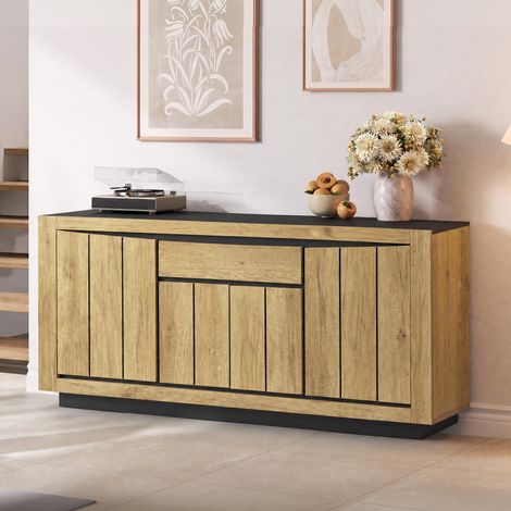 MODFU – Credenza salotto 140x40x60 cm in MDF con 4 ante, 1 cassetto, cerniere a chiusura ammortizzata, carico 36 kg e superficie facile da pulire – Nero e decoro legno (1/5)