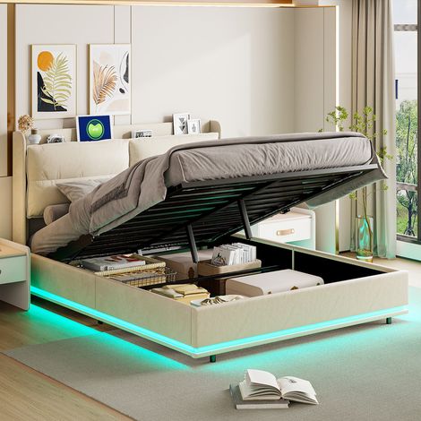 Lit Double 160x200 cm Capitonné avec Rangement, Lit Hydraulique surélevé avec Tête de Lit Multifonction,Sommier à Lattes,Velours Crème,Convient aux adultes et aux adolescents (1/5)