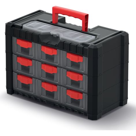 Caja de herramientas, Multicase, modelo Cargo KMC303, ideal para almacenamiento de piezas pequeñas, 9 cajones, compartimento superior, con asa ergonómica (1/4)