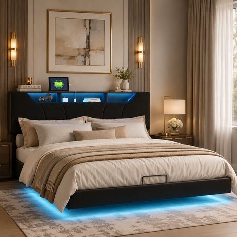 Lit coffre 160x200cm, lit flottant avec led, port usb, tête de lit réglable, rangement hydraulique, cadre de lit avec sommier à lattes, noir (1/5)