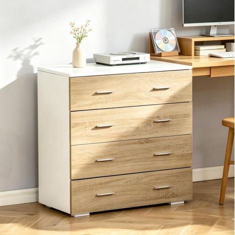 Cassettiera a 4 cassetti, 76 x 35 x 72 cm, bianco e legno chiaro DESVIAE (1/5)