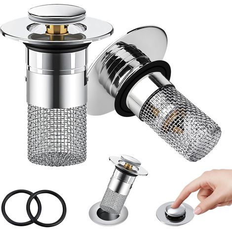 2 Stück Waschbeckenstöpsel (34-40mm), Pop Up Ventil aus Edelstahl mit Sieb & Haarsieb