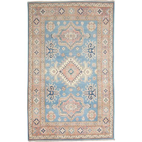 Tapis salon 118 x 188 cm, géométrique, bleu, beige et rose, en laine naturelle, noué main au Pakistan (1/5)