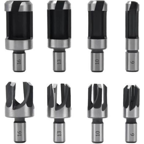 8 Pièces Fraise à Bouchonner Bois, Mèche à Bouchon Bois 6 mm/10 mm/13 mm/16 mm, Acier Carbone Bois Plug Perceuse pour le Travail du Bois, Forets à Bois à Griffe et Coniques