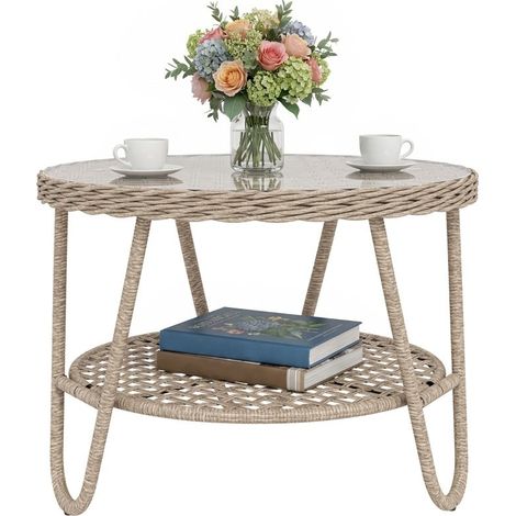 Table d'appoint deux étages en polyrattan jaune, plateau vitré, étagère de rangement, pieds ajustables, 65 × 65 × 50 cm