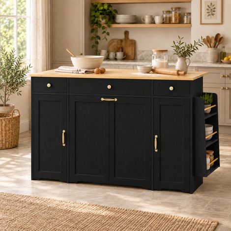 Aparador de cocina 136 x 65 x 90 cm - mueble auxiliar de salón con 3 cajones, 2 puertas, encimera de madera - estilo clásico moderno - MDF - negro (1/5)