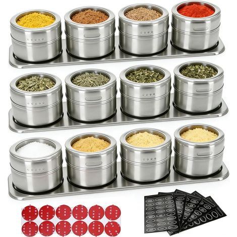 Gewürzaufbewahrungsgläser: Set mit 12 magnetischen Gewürzgläsern à 100 ml, Küchengewürzdosen mit transparenten Deckeln zur Aufbewahrung von Pulvern, Paprika, getrockneten Kräutern (Silber) (1/5)