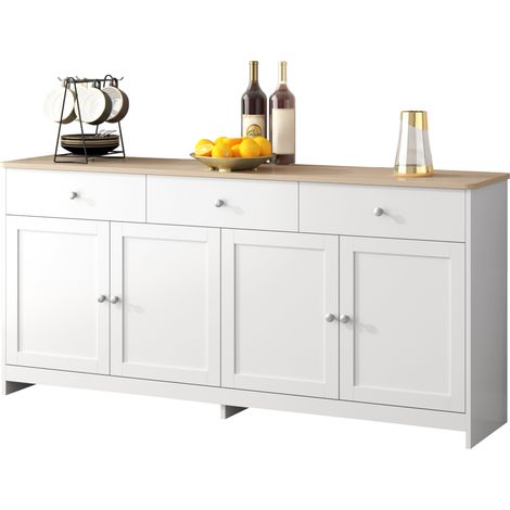 Sideboard mit weißer Holzmaserung, vier Türen, mit drei Schubladen, Wohnzimmer, Esszimmer. Holzfarbe und Weiß (1/5)