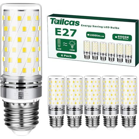 Ampoule E27 LED 12W Blanc Froid 6000K, 1450LM, 360° Lumiere, Équivalent Halogène E27 100W, AC 230V, Lampe E27 LED Mais Froid pour L'éclairage Intérieur, non-dimmable, lot de 6 (1/5)