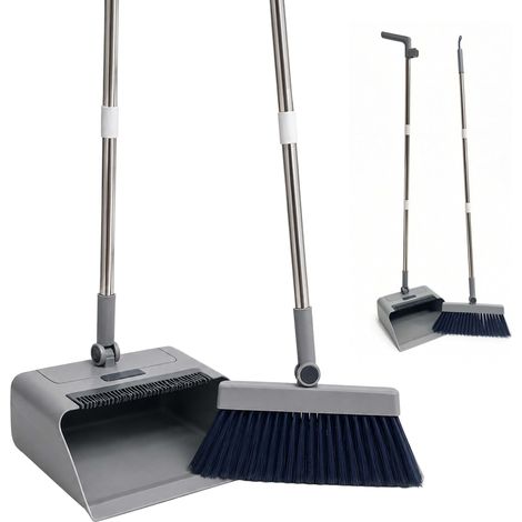 Relaxdays Besen und Kehrschaufel Set, 2 in 1 Kehrgarnitur langer Stiel, 180 grad drehbar, Stehkehrset, Edelstahl, grau (1/5)