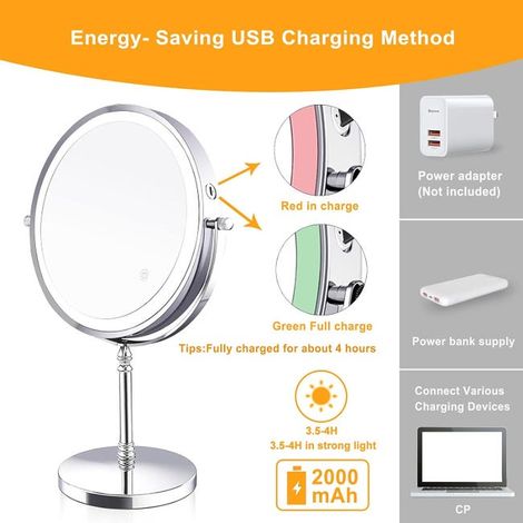 Specchio ingranditore illuminato da 8 pollici, specchio per il trucco illuminato a 3 colori, ingrandimento 1x/10x, ricarica USB, specchio da tavolo con rotazione a 360°, per ufficio domestico (1/4)