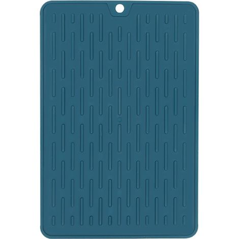 Tapis de séchage vaisselle multifonction TPR antidérapant résistant à la chaleur, patère pour plan de travail cuisine table bleu foncé (1/5)