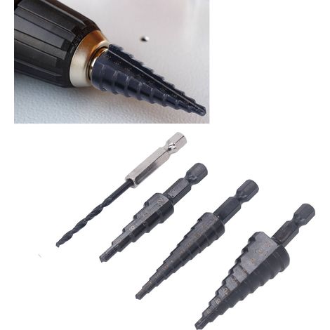 Satz von 4 HSS-Stufenbohrern mit gerader Nut in den Größen 3-12, 4-12 und 4-20 mm für Kernbohrungen. (1/5)
