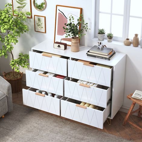 Commode blanche 100x34x72,5 cm, 6 tiroirs, meuble de rangement moderne avec façades géométriques, design moderne, poignées dorées, anti-basculement, pour salon et chambre
