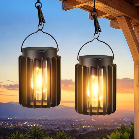 Lot de 2 lampes solaires à suspendre pour l'extérieur - Avec grande ampoule LED - Étanche IP65 - Avec clip - Pour terrasse, pelouse, balcon, cour, décoration de jardin (1/5)