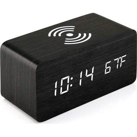 Reloj despertador con estación de carga inalámbrica, reloj digital LED de madera, control de sonido, visualización de hora, fecha y temperatura, dormitorio, oficina, hogar - negro (1/4)