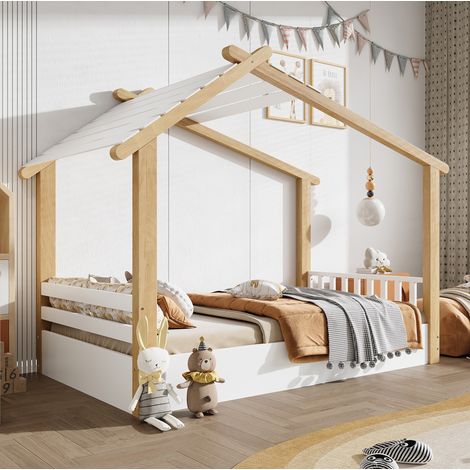 Letto casa bambini 90x190 cm bianco naturale in pino e MDF, rete a doghe (1/5)