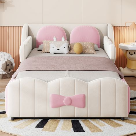 Letto imbottito per bambini 90 x 200, struttura letto imbottita in velluto, letto contenitore idraulico con 2 grandi cuscini decorativi, adatto per camerette di bambini e bambine. (1/5)