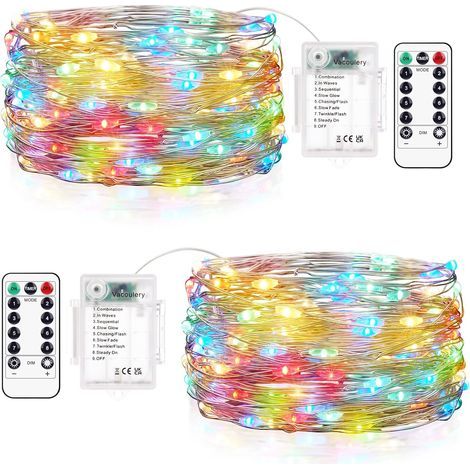 LAOA 2 x batteriebetriebene Lichterkette, 10 m, 100 LEDs, Mini-LED-Lichterkette mit 8 Modi für den Außenbereich, Weihnachtsbeleuchtung, Innenbeleuchtung, Schlafzimmer, Hochzeit, Party, Garten, farbenf (1/5)