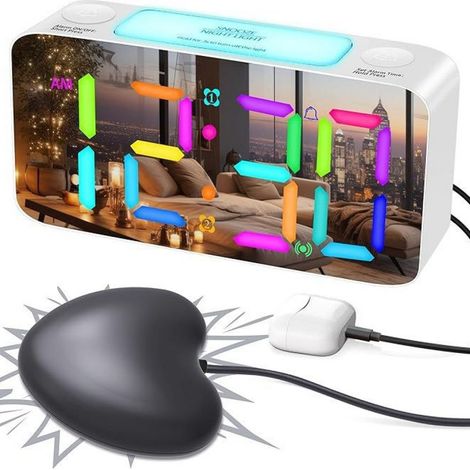 Réveil Vibrant Avec Affichage Miroir RGB - 7 mm - Matériau ABS - Chargeur USB - 3 Modes Alarme - Niveau Sonore 115 dB - Cordon Vibrant 180 cm - Blanc (1/5)