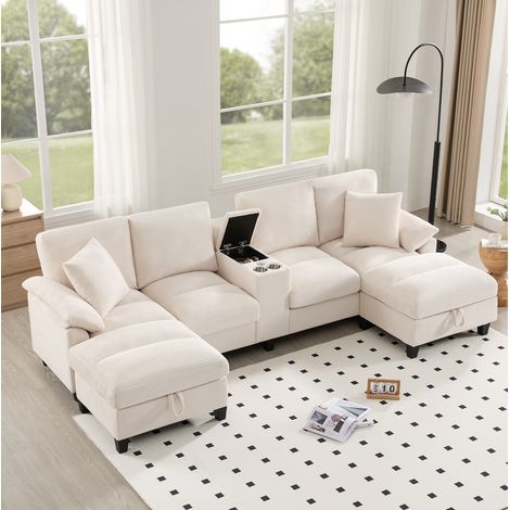 Canape U rangement USB en corduroy beige 293 142 cm OKMYHOME (1/5)