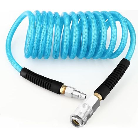 1/4" x 3M Polyurethane Recoil Air Hose 6mm With Bend Restrictor, 1/4" Europe Quick Coupler and Plug, For Air Compressor, Blue (1/5)