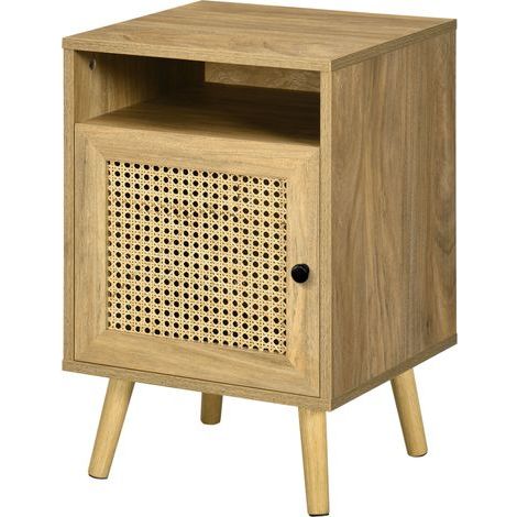 Table de chevet table de nuit avec placard porte cannage et niche design vintage 39 x 35 x 60 cm naturel (1/5)
