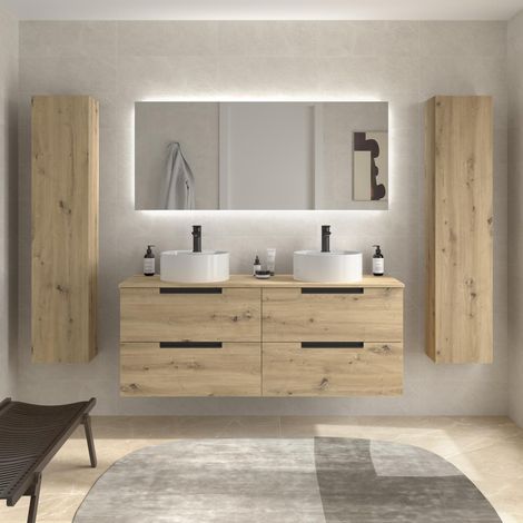 Mueble de Baño LENI 120cm Roble 4 cajones Lavabo sobre encimera 2 pozas Porcelana (1/5)