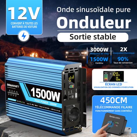 Onduleur Onde Sinusoïdale Pure 12V vers 230V, 1500W Permanent 3000W Pic, Convertisseur Tension pour Véhicule et Solaire (1/5)