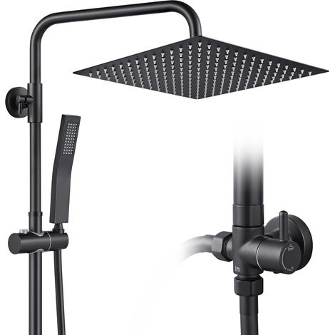 Duschsystem mit 2 Funktionen, Duschset ohne Armatur 12 Zoll eckige Regenbrause, Handbrause, höhenverstellbare Duschsäule, Schwarz