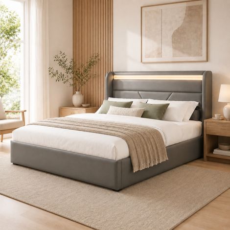 Polsterbett 140/200 cm Grau aus PU mit LED, Bettkasten und Lattenrost (1/5)