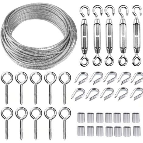 Kits de Câble en Acier Inox, 20m Câble Acier Galvanisé, Kit de Câble Métallique avce Tendeur Oeil-crochet M5, Attaches pour Câbles Métalliques, Manchons de Sertissage, Pitons Fermé, Cosse Coeur (1/4)