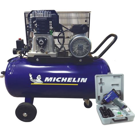 Michelin – Compresseur 100 litres – Débit d'air 415 l/min – Pression max 10 bars – Moteur 3HP/230V – Coffret clé à choc avec 10 douilles (1/2)