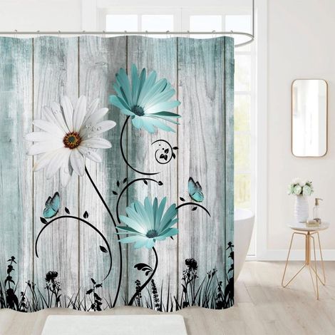 Rideau de douche imperméable à motif aquarelle de marguerites bleues et vertes, 180 x 180 cm, avec 12 crochets, 120 x 180 cm