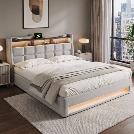 DESMIU Lit coffre Lit double avec USB, LED reglable et etagere, 160 × 200 cm, sans matelas, tissu beige (1/5)